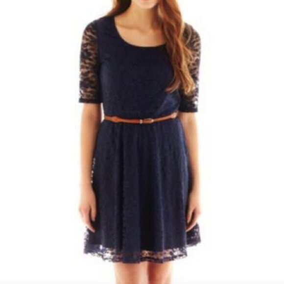 BY & BY / BY&BY Plus Size Navy Blue Lace Cutout Back Fit & Flare Dress NO BELT - Picture 1 of 16